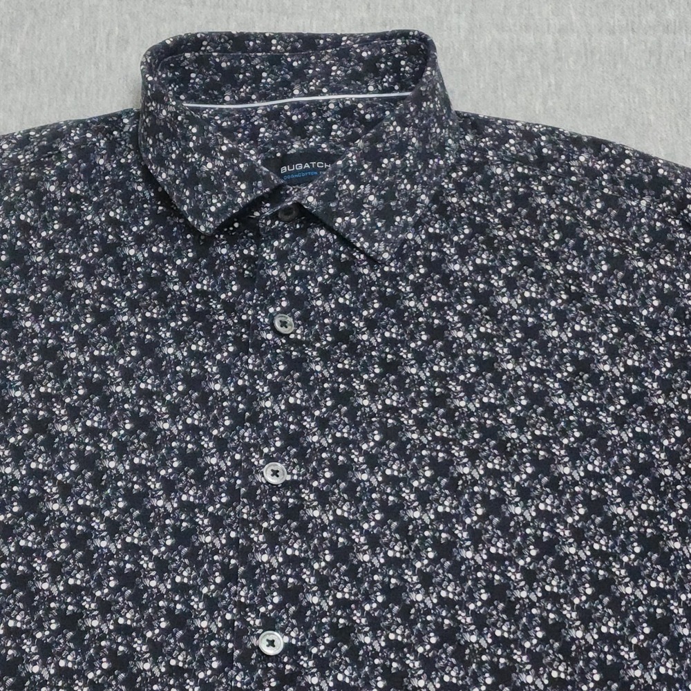 Bugatchi OoohCotton Tech Mens Black Floral 8-Way Stretch Short Sleeve Shirt L